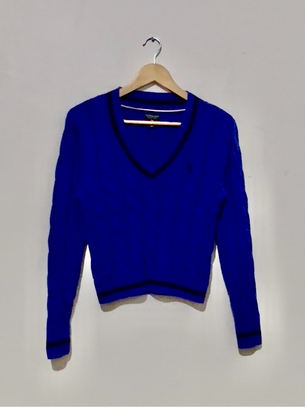 U.S. Polo Assn. Royal Blue V-Neck Cable Knit Sweater with Contrast Trim